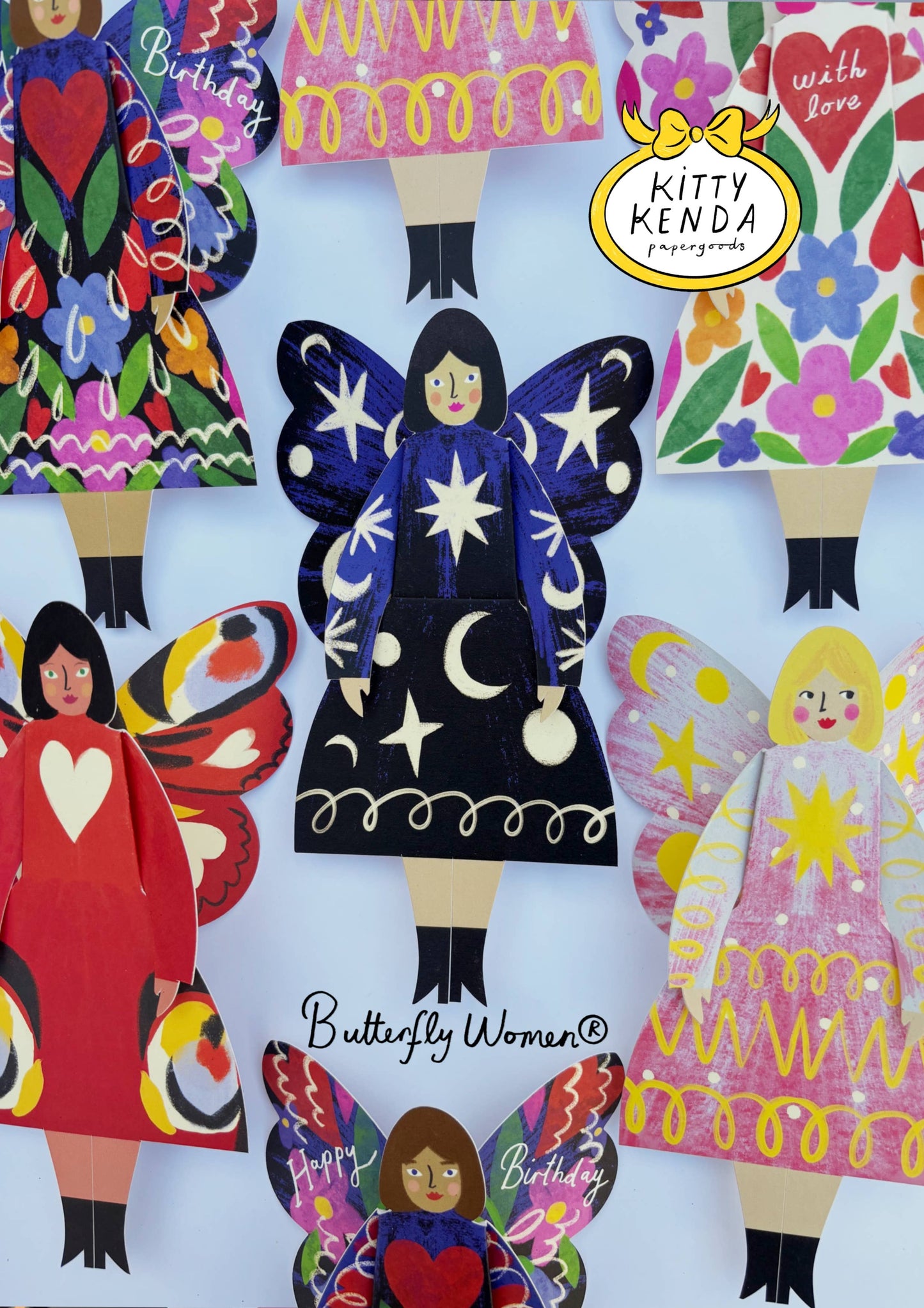 Kitty Kenda Papergoods - Schmetterlingsfrau Sitzende Grußkarte - Kosmisch