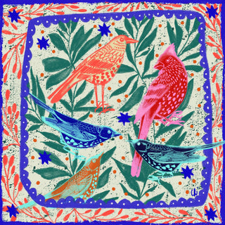 Carole Hillman - Grußkarte Fünf Vögel quadratisch 14x14 cm.