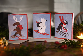 Drei Weihnachtskarten von Mortlake Papers mit Elch, Eisbär und Pinguin