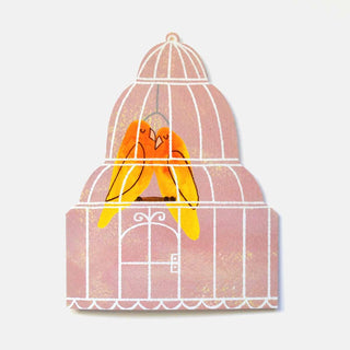 Lovebirds-Karte von Mortlake Papers in Form eines rosa Vogelkäfigs